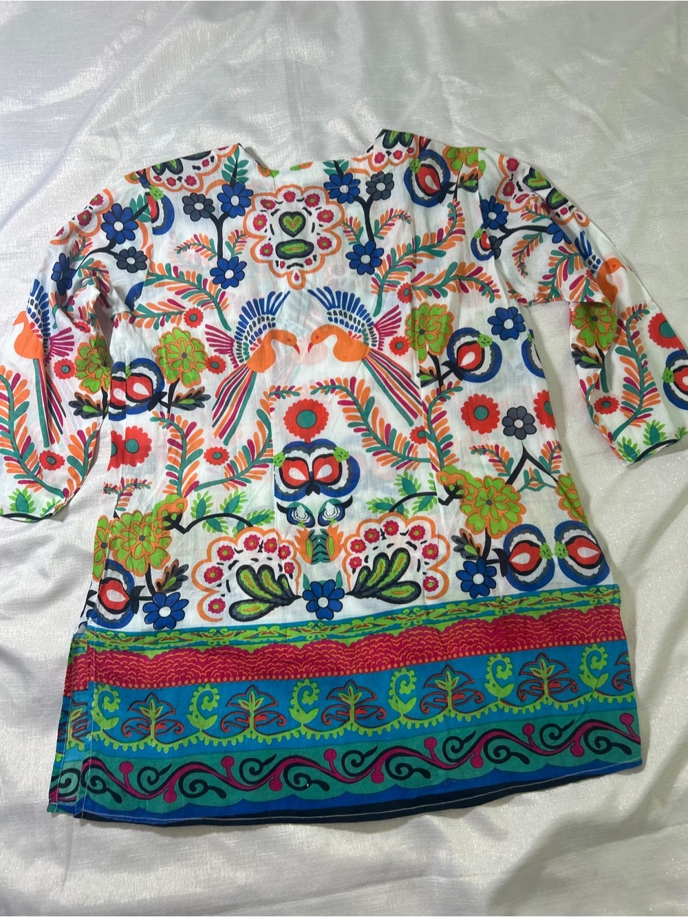 KikiSol V-neck White Multicolor Floral & Bird Print Tunic 100% Cotton Sz. L - Picture 11 of 12